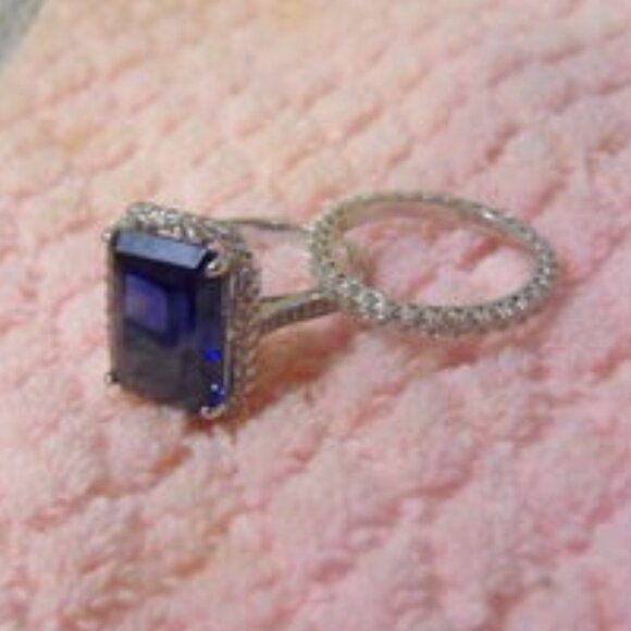 Colleen Lopez .925 Blue CZ Emerald-Cut Ring & Eternity Band 8 - Picture 5 of 6